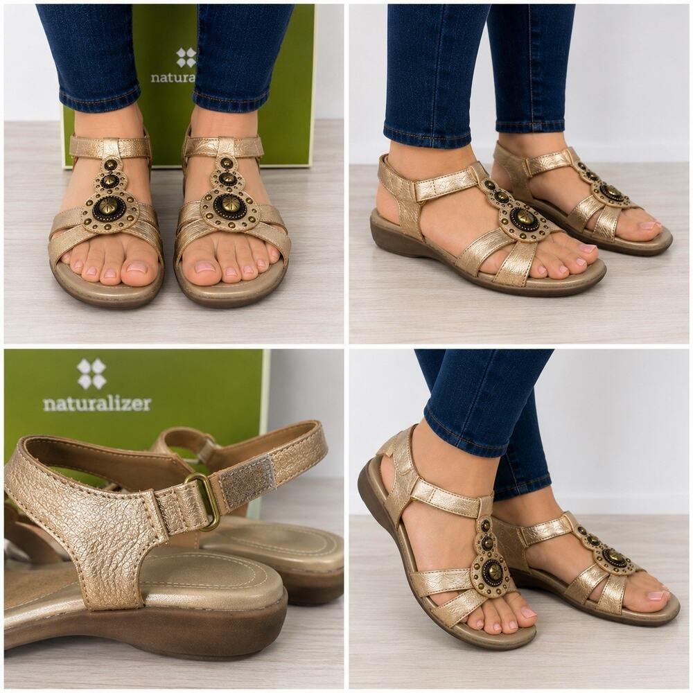 Naturalizer Carlita Platina Lea Womenâs 7M Metallic Slingback Comfort Sandals